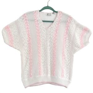 Vintage 3D Textured Pink White Striped Short Sleeve Sweater Coquette Twee 18W